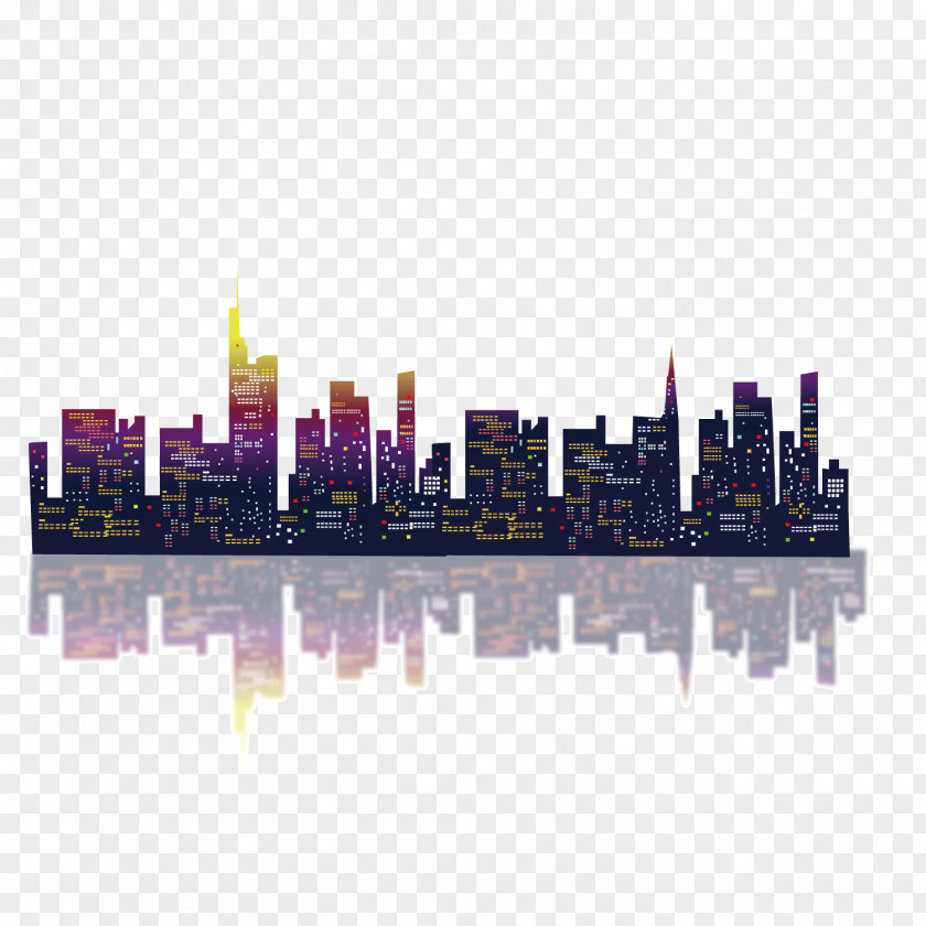 Vector Coastal City Night Sky Reflection Scene Building PNG