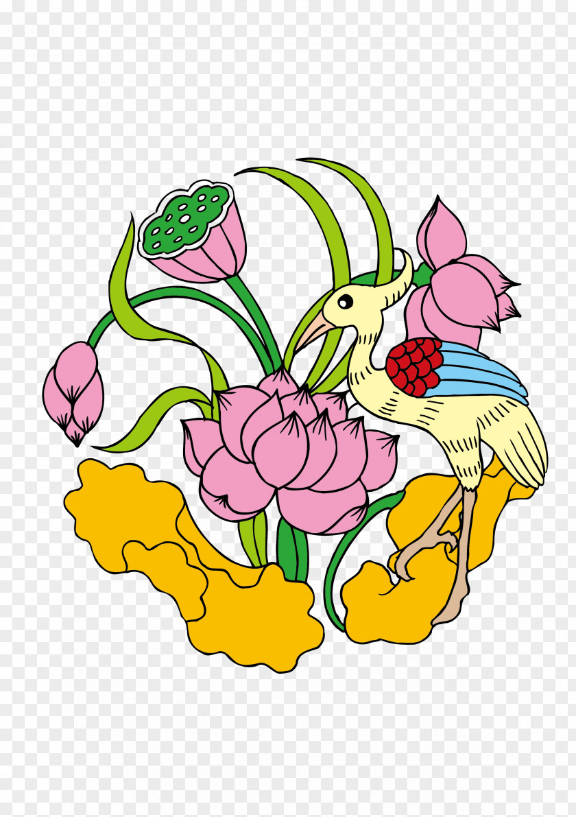 Pink Lotus And Crane Vector 39 Cartoon Illustration PNG