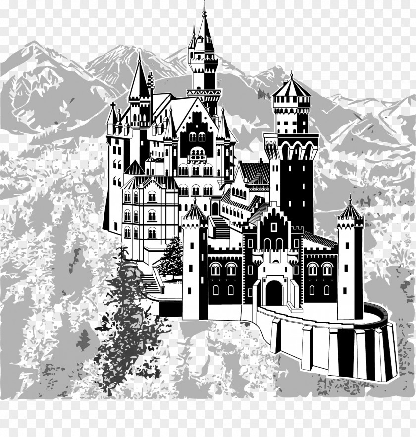 Vector Hand-painted Castle Neuschwanstein Floors Black And White PNG