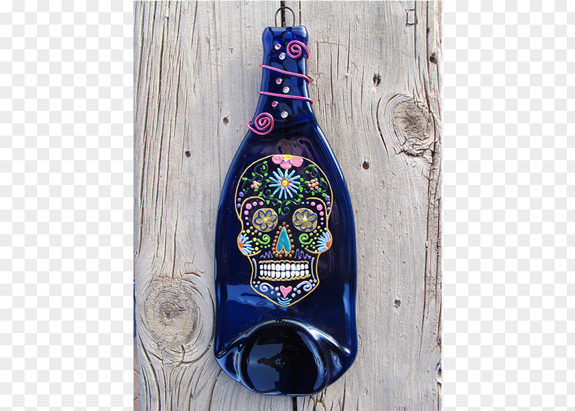 Mexican Painted Skull Banner Glass Bottle Wine Cobalt Blue PNG