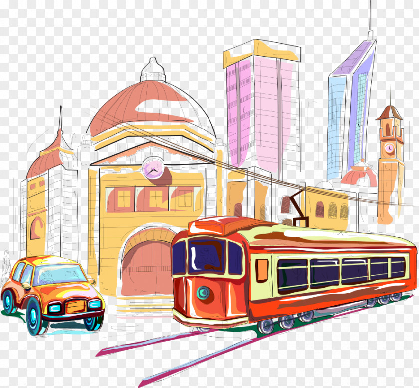 Vector City Bus And Architecture Melbourne Car Illustration PNG