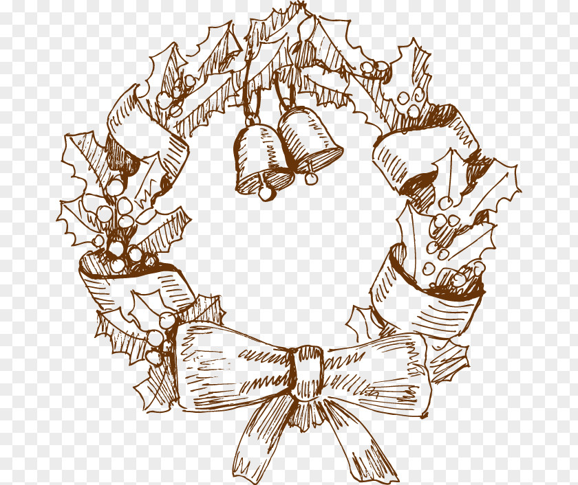 Hand Drawn Sketch Bow Bell Wreath Christmas Drawing Illustration PNG