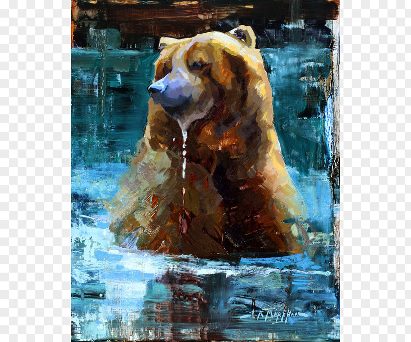 Cool Off Grizzly Bear Watercolor Painting PNG