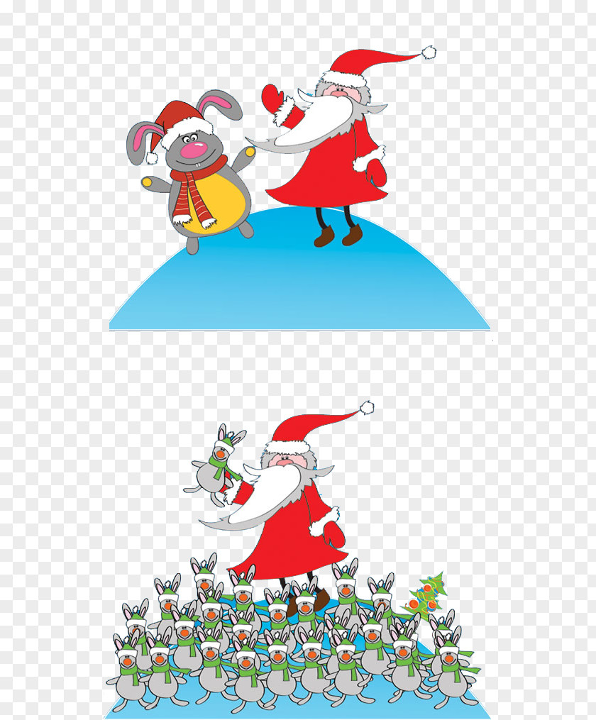 Santa Claus And Rabbits Christmas Tree Illustration PNG