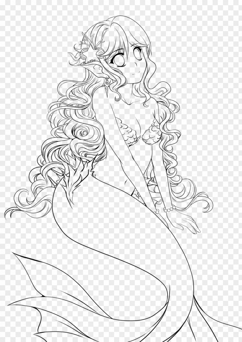 Mermaid Line Art Drawing White Inker PNG