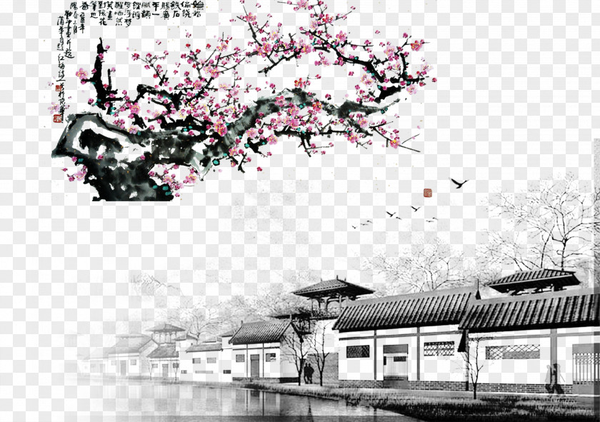 Beautiful Ancient Customs And Orderly Construction Of Jiangnan Water Town Plum Blossom Download Ink Wash Painting PNG