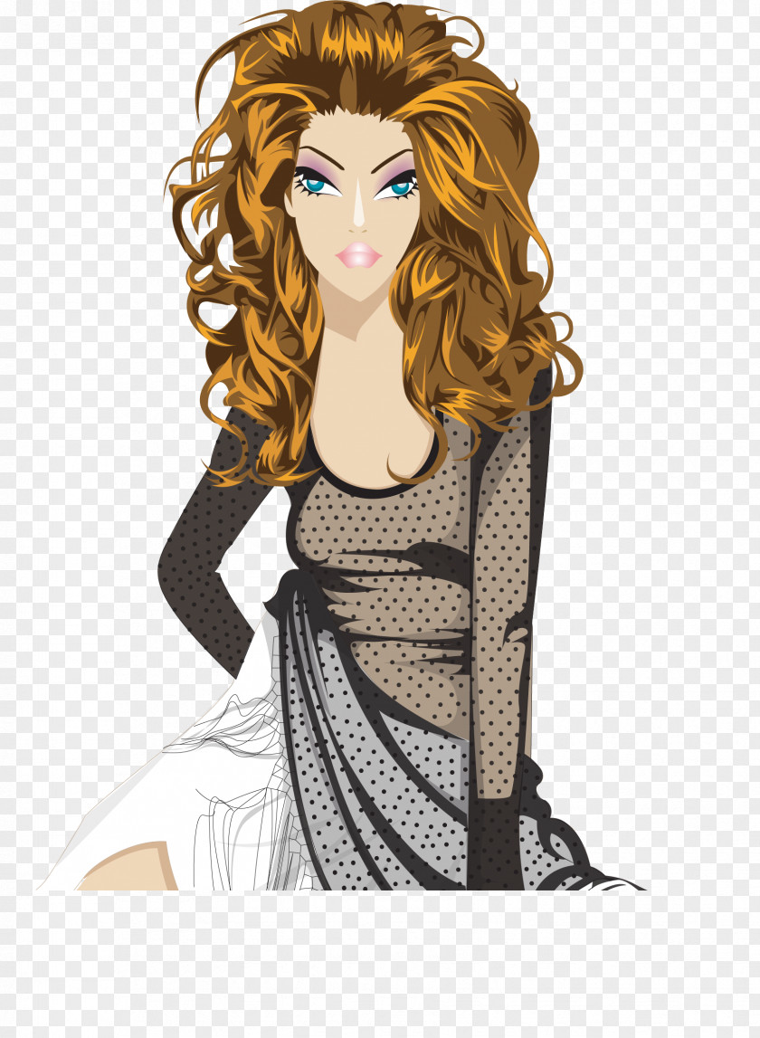 Vector Hand-painted Curly Hair Beauty Bijin PNG