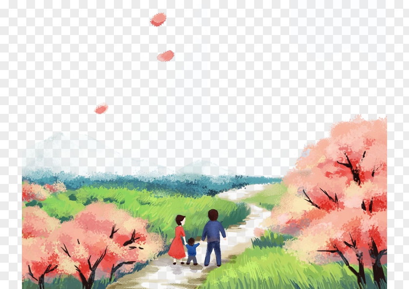 Pink Peach Green Tree-lined Trail Poster Cartoon PNG