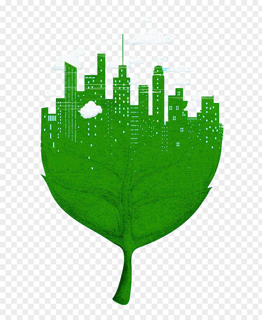 Green Leaf City Negative Space Illustrator Graphic Design Art Illustration PNG