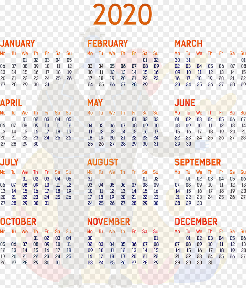 2020 Yearly Calendar Printable Template Full Year PNG