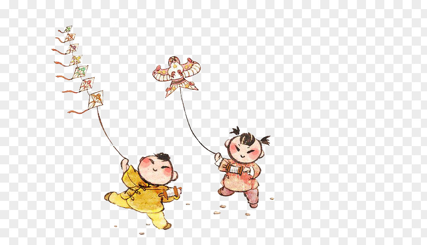 Chinese Style Hand-painted Kite Flying Child Watercolor Painting Cartoon Illustration PNG