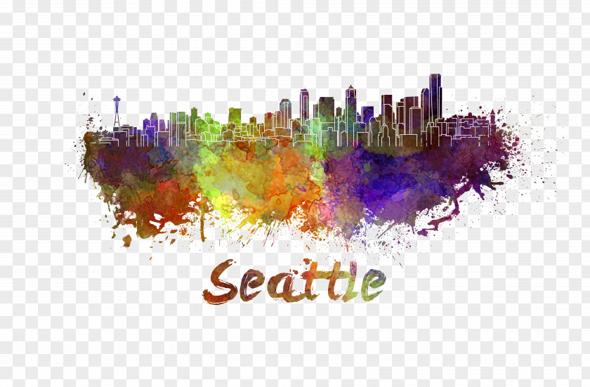 Color City Seattle Watercolor Painting Skyline Stock Illustration PNG