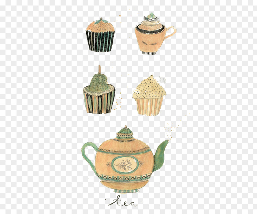 Hand-painted Vintage Teapot Cake Drawing Art Illustration PNG
