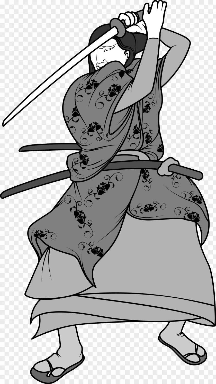 Japanese Ninja Bodyguard Warrior Black And White Picture Drawing Clip Art PNG
