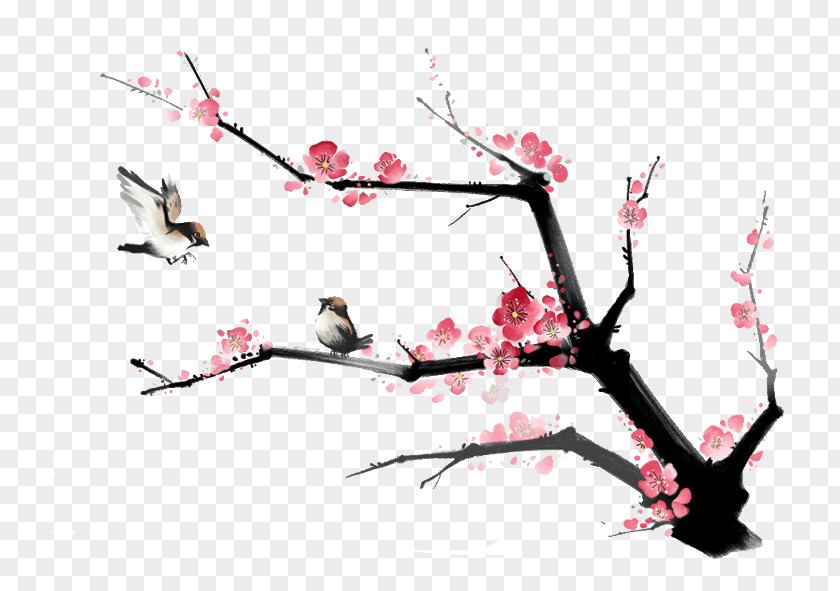Peach Pattern Ink Wash Painting Plum Blossom Bird-and-flower PNG