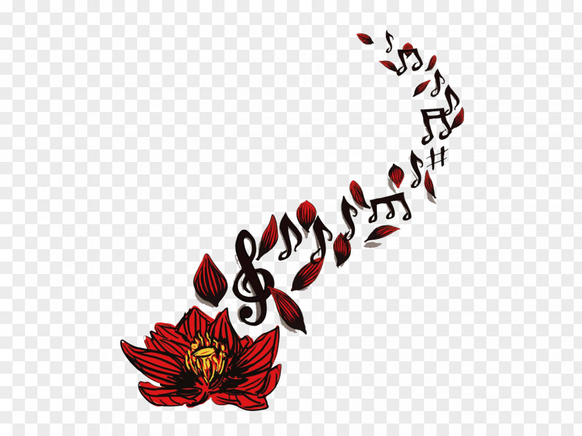 Red Lotus Notes Spread Sleeve Tattoo Musical Note Drawing PNG