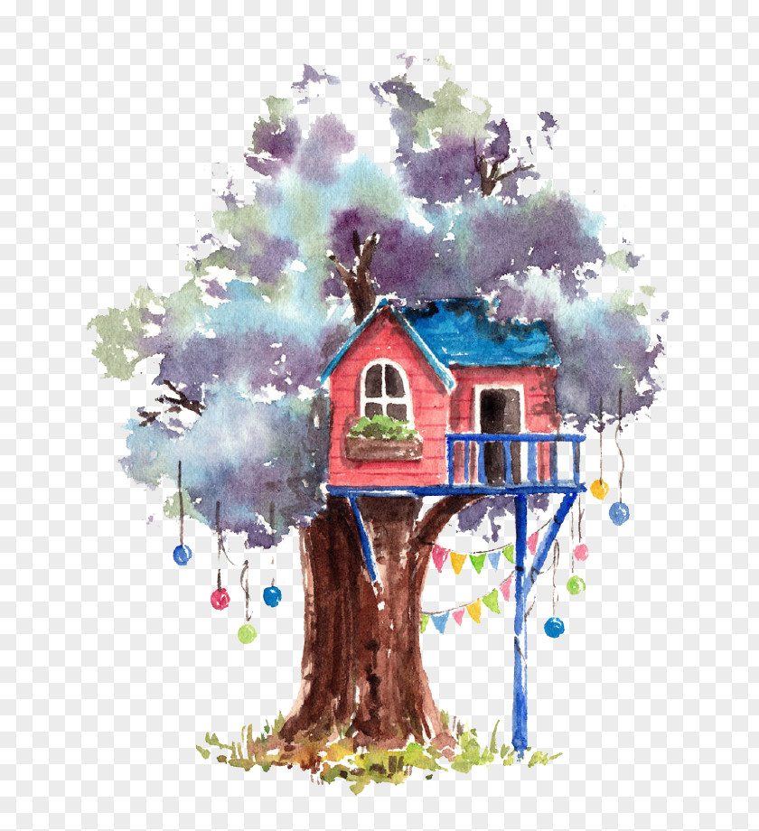 Cartoon Tree House Watercolor Painting PNG