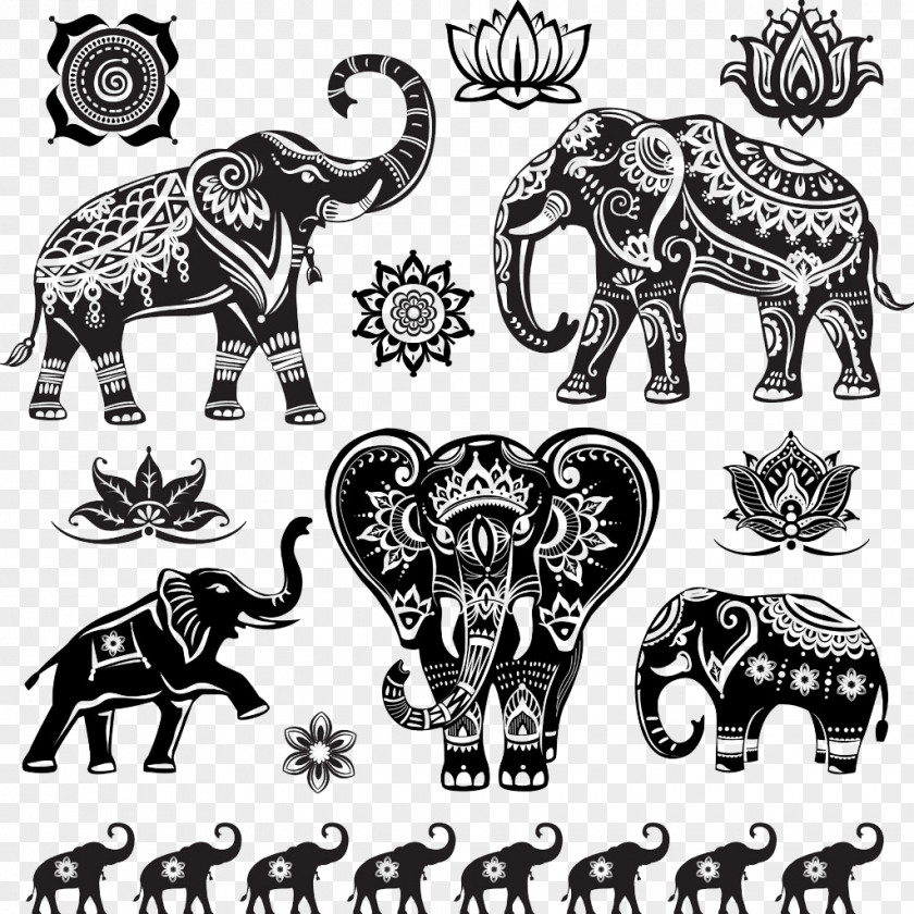 Elephant Lotus Retro Pattern Indian Royalty-free Illustration PNG