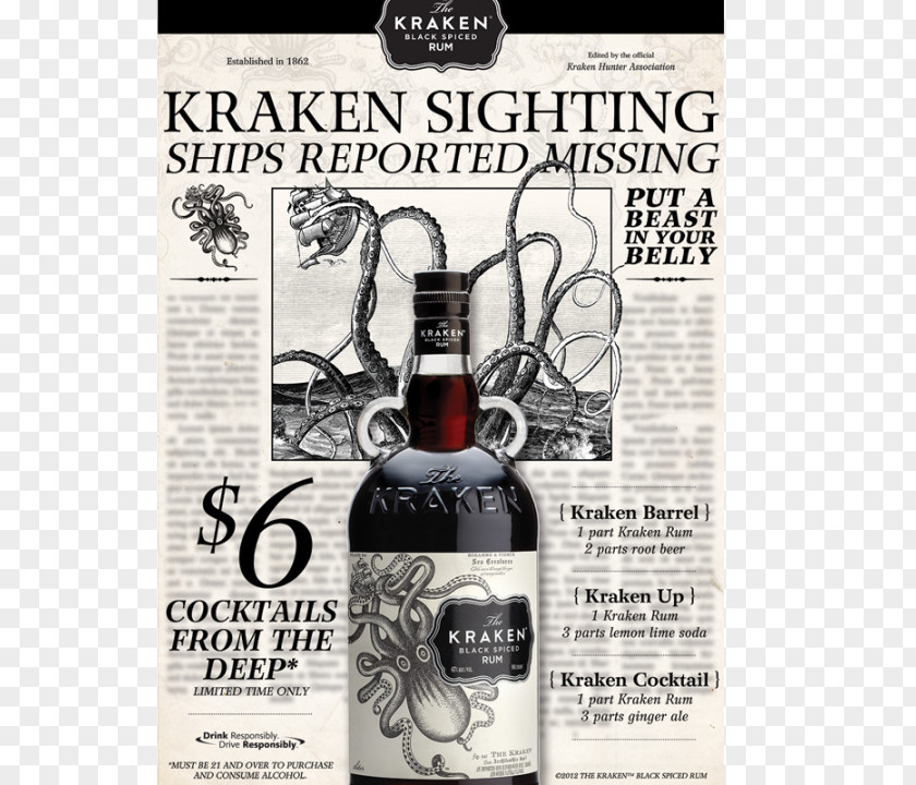 Wine Liqueur Kraken Rum Distilled Beverage Whiskey PNG
