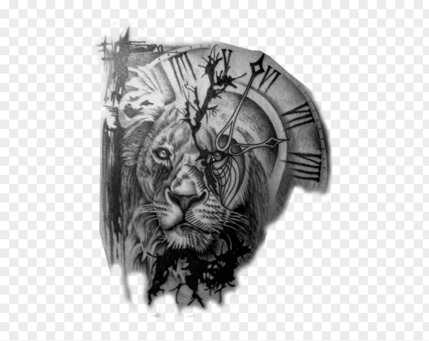 Tattoo Lion Artist Clock Black-and-gray PNG