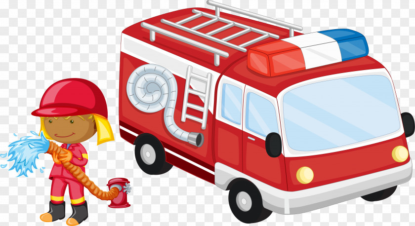 Vector Cartoon Fire Truck And Firefighters Engine Poster PNG