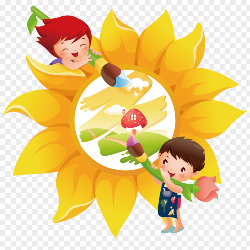 Painting On Sunflower Child Animation Wallpaper PNG