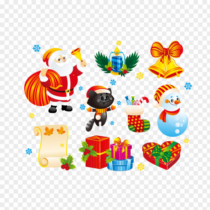 Vector Santa Claus Gift Boxes And Bells Christmas Decoration Cartoon Ornament PNG