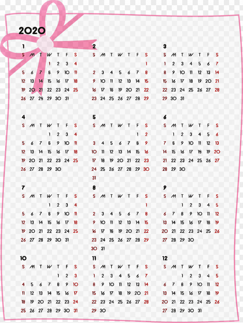 2020 Yearly Calendar Printable Year PNG