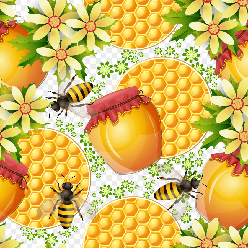 Bee And Honey Background Vector Honeycomb PNG