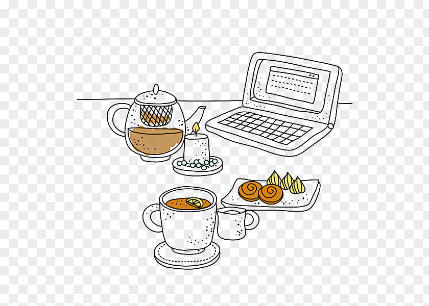 Laptop Table Coffee Cup Cafe Cartoon Illustration PNG