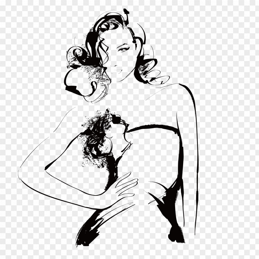 Hand Painted Black Lines Long Hair Beauty Drawing PNG