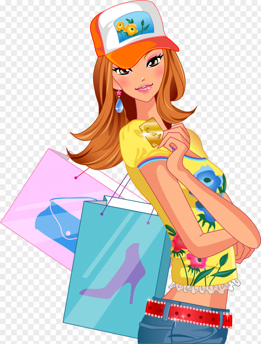 Shopping Illustration PNG Illustration, girl , woman holding credit card and shopping bags clipart PNG