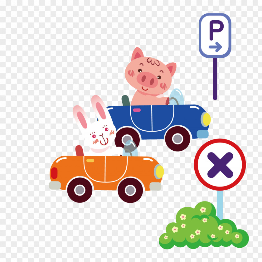 Driving A Rabbit And Piggy Car Computer File PNG