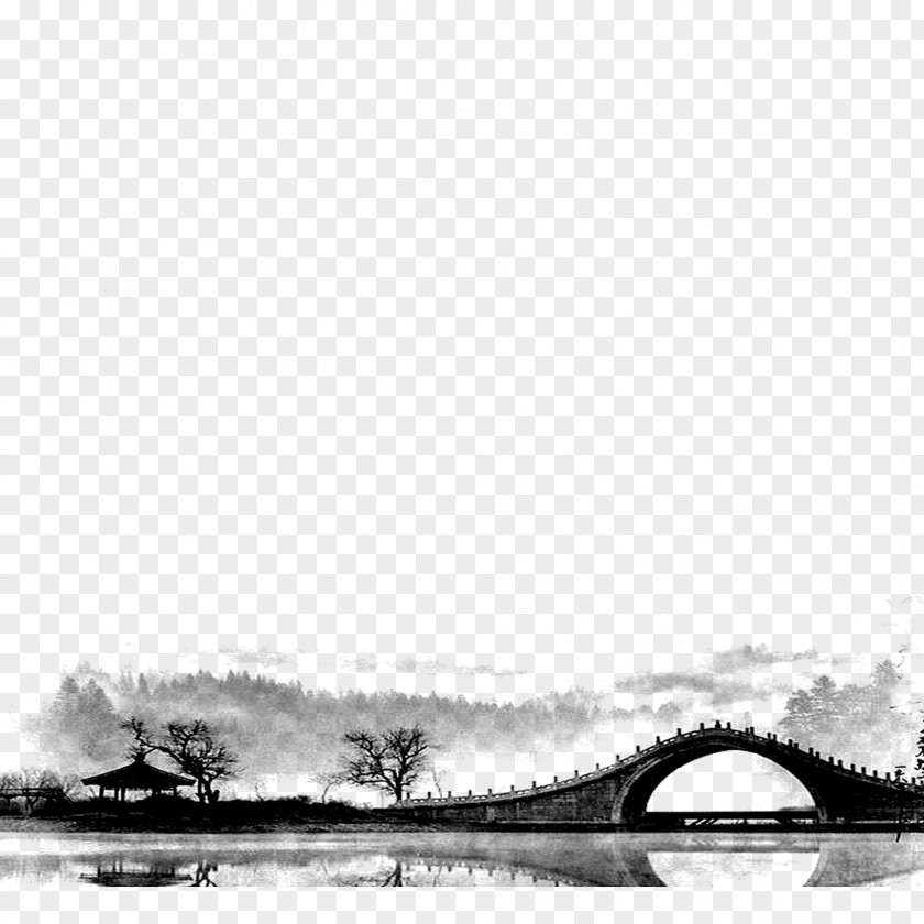 Arch Bridge Residential District Ink Wash Painting PNG