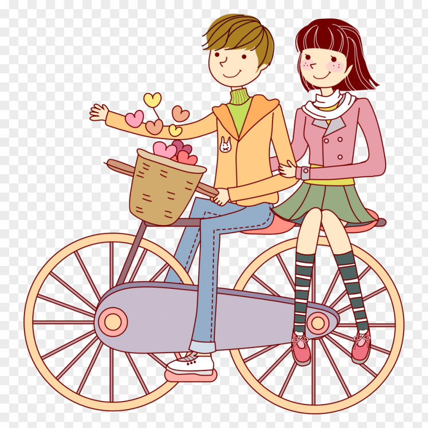 Couple On Bike Bicycle Cycling Cartoon PNG