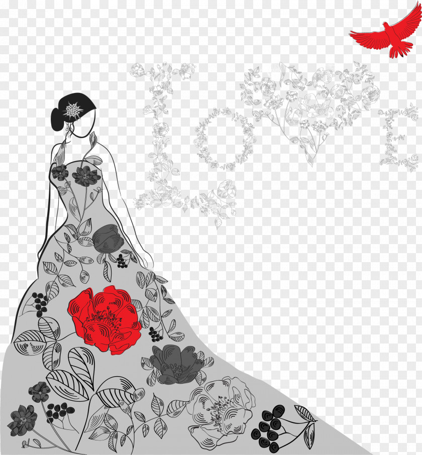 Vector Hand-painted Bride Fashion Dress Illustration PNG