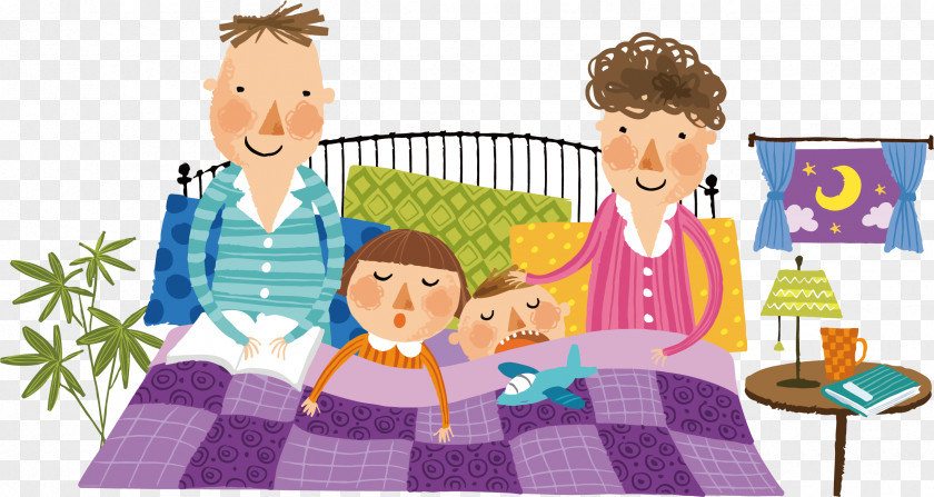 Coax The Child To Sleep Bed Family Cartoon Illustration PNG