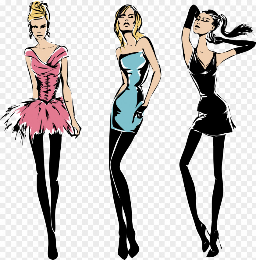 Vector Three Women Fashion Gown Cartoon Illustration PNG