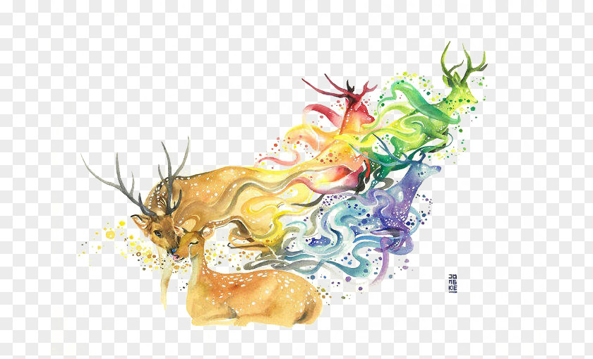 Color Deer Watercolor: Animals Watercolor Painting Drawing Illustration PNG