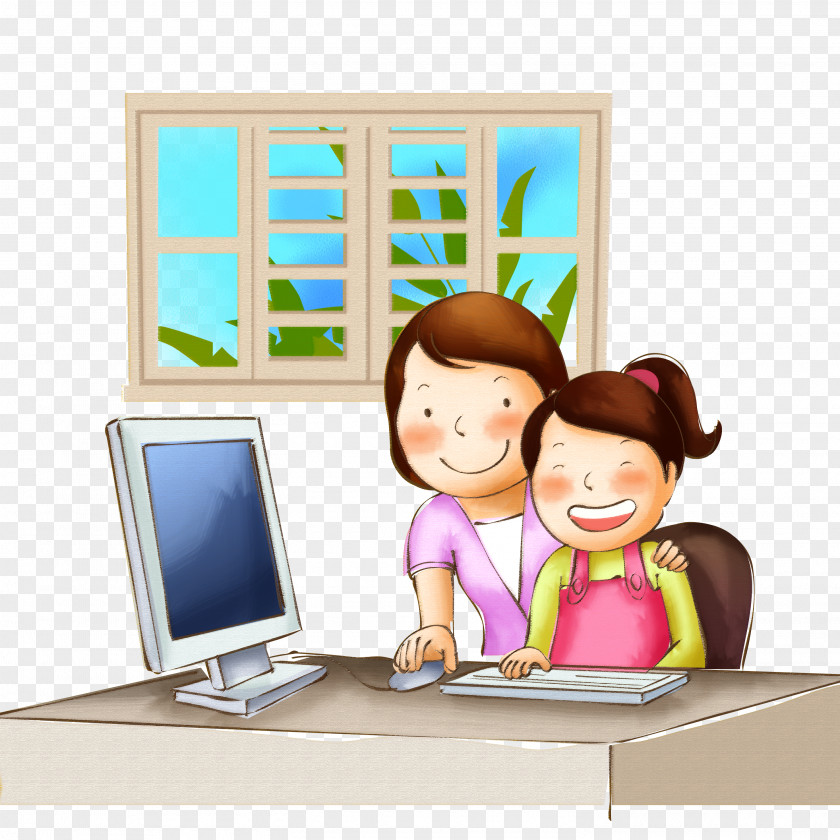 Mom Teach Children To Play On The Computer Child File PNG