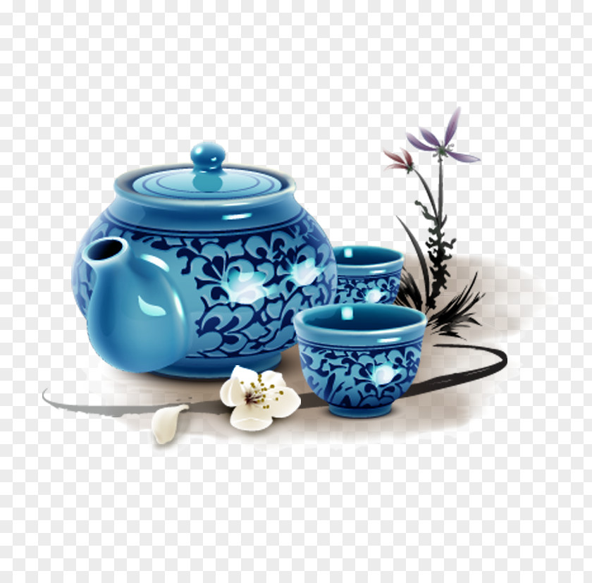 Blue And White Porcelain Tea Set Green PNG