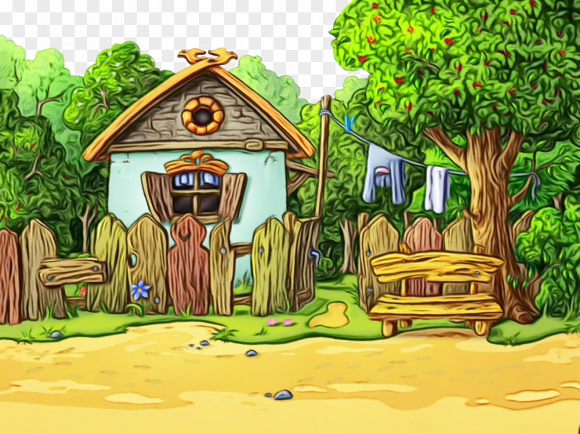 House Hut Cartoon Adventure Game Tree Landscape Painting PNG
