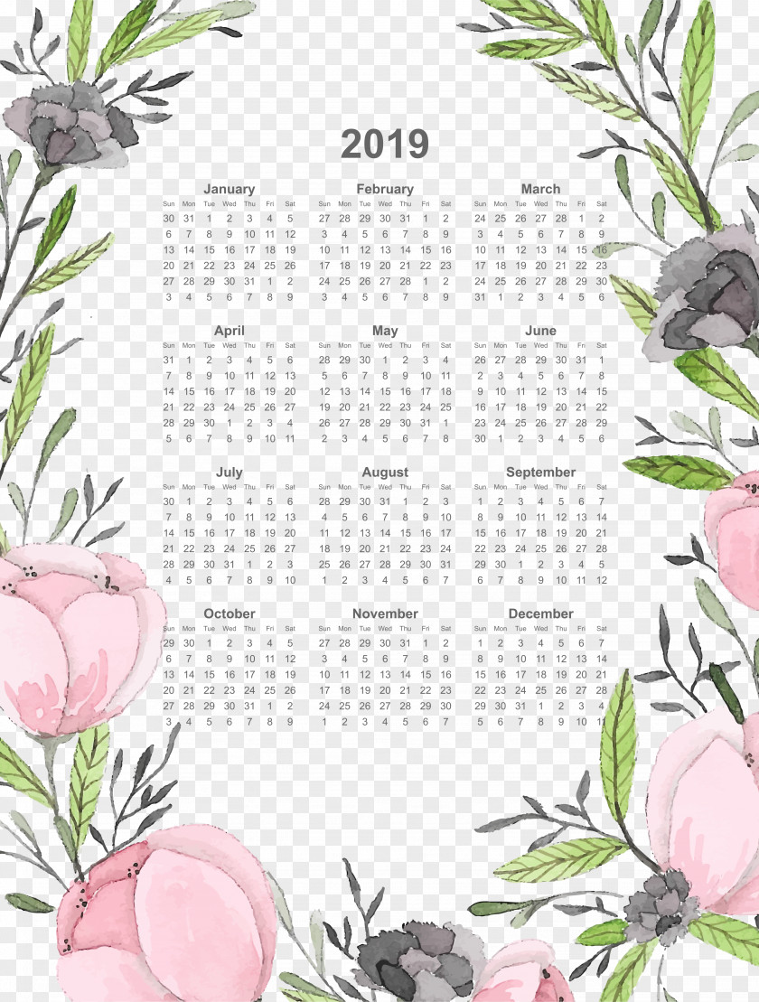 2019 Drawing Calendar Full Page With Watercolor Flowers.pn PNG