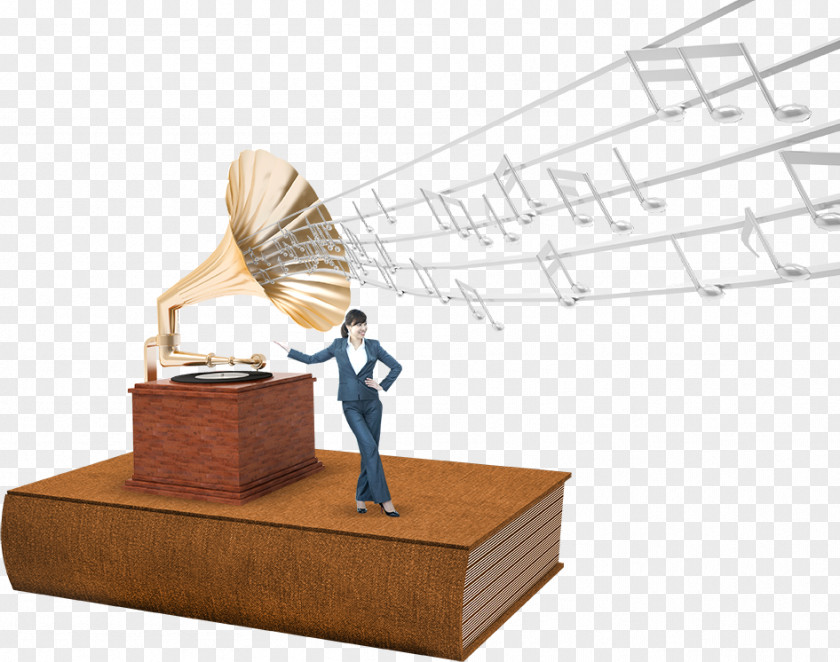 Woman With Books On Phonograph PNG