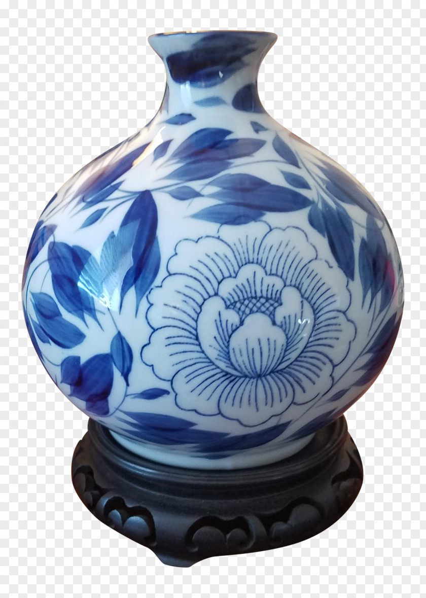 Chinese Style Wooden Vase On The Table Ceramic Blue And White Pottery Porcelain PNG