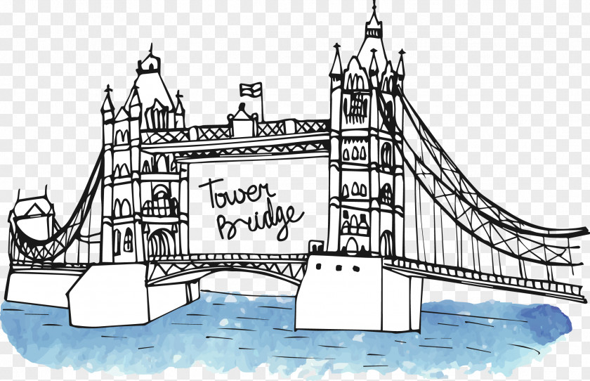 British Style Hand-painted London Bridge Big Ben Landmark Monument Drawing PNG