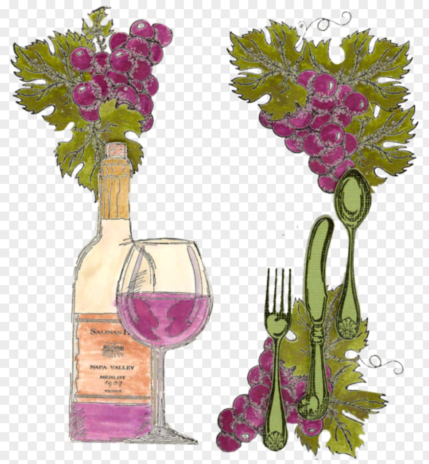 Grape Wine Glass Floral Design Bottle PNG