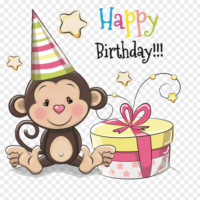 Monkey's Birthday Present Greeting Card Cartoon Illustration PNG