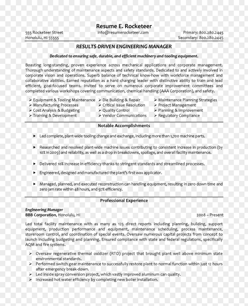 Resume Manufacturing Résumé Engineering Management Project Manager PNG