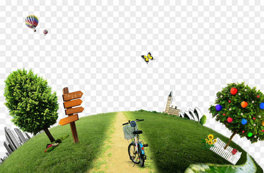 Green Earth On The Road Tree Cartoon Download PNG